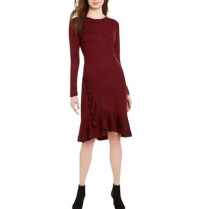 Calvin Klein Wine Colored Sweater Knit Ruffled Dress Size XL